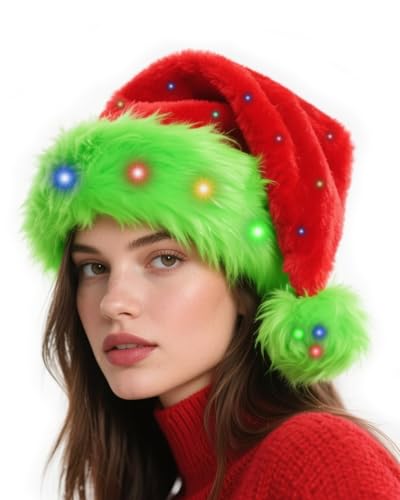 Hikkcos Light Up Christmas Santa Hat Led Green Lime Santa Hat with Colorful Light for Adults Xmas New Year Party Headwear