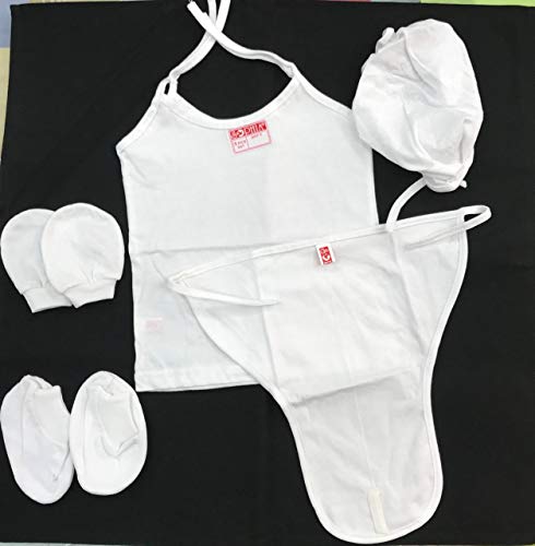 Teri Beri New Born Baby Jhabla/Cap/Nappy/Hand Socks/Booties Set (0-6 Months) (Set of 5 Pcs) (Plain White)