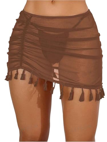 ZAFUL Women Beach Sheer Cover Ups Boho Mesh Bikini Ruched Tassel Skirt for Swimwear Brown S