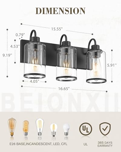 Image of Beionxii 3 Light Matte Black Vanity Light, Bathroom Light Fixtures with Clear Glass Shade, Bathroom Lighting Fixtures Over Mirror, Black Wall Lights for Mirror Living Room, BX-VL01MB-3CG