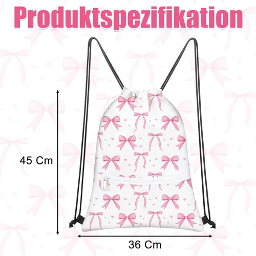 Aurelx Rosa Schleife Turnbeutel, Polyestermaterial Turnbeutel Kinder mit Reißverschlusstasche, Sportbeutel mit Kordelzug für Verwandte, Freunde, Schleifenliebhaber, Schleifengeschenk, Bogenzubehör