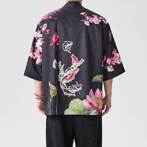Image of PRIJOUHE Men's Lightweight Kimono Jacket Seven Sleeve Open Front Cardigan Coat Japanese Style Bathrobe