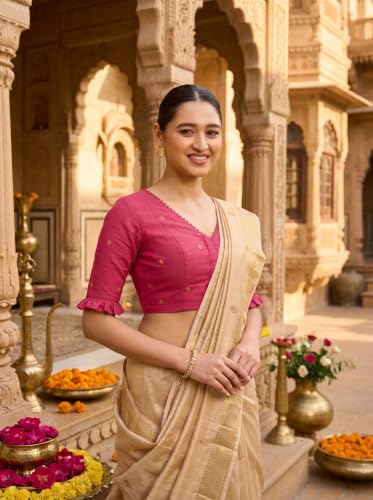 Image of Studio Shringaar Women's Handloom Cotton Jamdani Border Readymade Saree Blouse