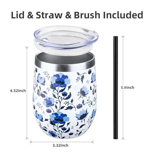 Image of 12 oz Insulated Wine Tumbler with Lid and Straw,Stainless Steel Stemless Wine Tumbler Glasses Double Wall Vacuum Wine Cups Tumbler Bulk for Coffee,Cocktail,Office（Blue and White Porcelain,1）