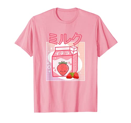 Cute Pink Strawberry Milk Japanese Kawaii Retro 90s Anime T-Shirt