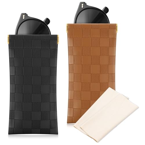 Image of Sightor Sunglasses Case, 2 Pcs Soft Eyeglass Cases Checkered Sunglass Case Portable Squeeze Top Leather Glasses Pouch