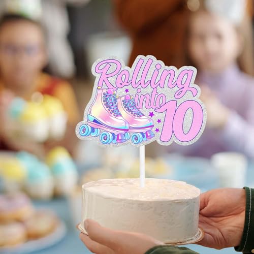 7pcs Roller Skate Cake Topper 10th Birthday Happy 70s 80s 90s Roll Into Decorations,Neon Rock Party,Boy and Girl Birthday Party Hippie Disco Decoration,Birthday Gift for Kids. LIANGSS by LIANGSS - Image 3