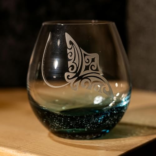 Integrity Bottles Tribal Stingray Design Stemless Wine Glass, Handmade, Handblown, Hand Etched Gifts, Sand Carved, 18oz (Bubble Teal)