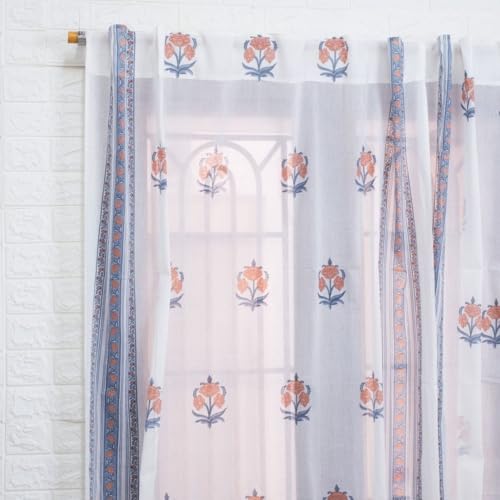Image of Peepul Tree Pure Cotton Handprinted Blue and Peach Floral Sheer Curtain | Set of 2 | 8 ft | Inspired by Rajasthan Palaces | Royal Courtyards Collection