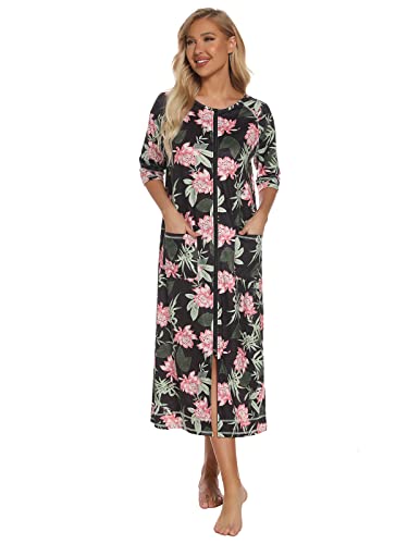 Image of Veseacky Women Robe Zipper Front House Coat 3 /4 Sleeve Nightgown Full Length Ladies Lounge Dress with Pockets S-XXL