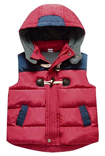 Boys Winter Waistcoat Horn Button Zipper Up Removeable Hat Warm Puffty Padded Windproof Sleeveless Outfits 8-9T Red #TOP14