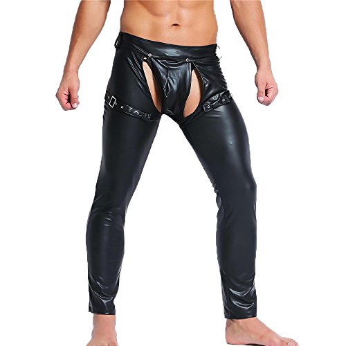 Qiati Mens Skinny Pants Faux Leather Open Crotch Trousers With Bulge Pouch #TOP1