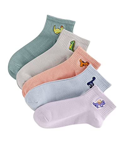 Verdusa Womens 5 Pairs Cute Embriodery Toe seamed Soft Crew Socks 5 Packs Dinosaur A one-size