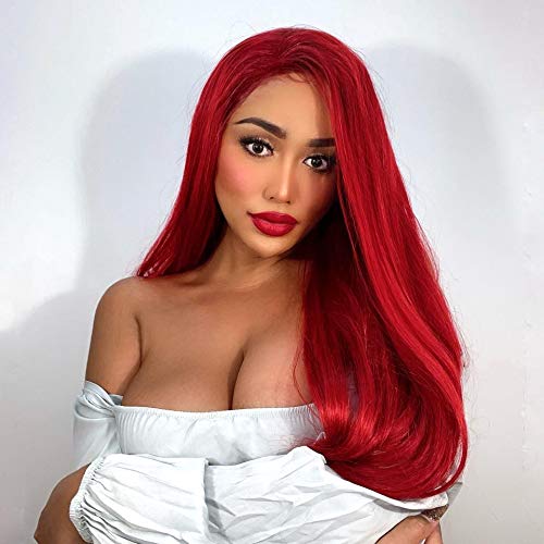 QD-Udreamy Natural Long Wavy Trendy Sexy Red Color Synthetic Half Hand Tied Heat Resistant Lace Front Wigs Hair Replacement Wigs for Women