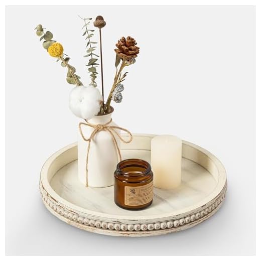 Hyakoz Bandejas Decorativas de Madera Redonda Bandeja de Madera para Centro de Mesa Decorativo Salon Bandeja Decoración Boho Blanca para Aromaterapia y Vela Decorativa, 30cm