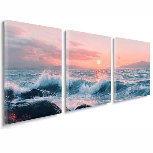 Cuadros Decoracion Salon Modernos, 3 Pcs Marco de Madera Cuadros Mar Posters para Pared Lienzo Pintura Atardecer Wall Art Imagen Decoracion Dormitorios Cocina Baño Pasillo Pared 50x70 cm 1f-635