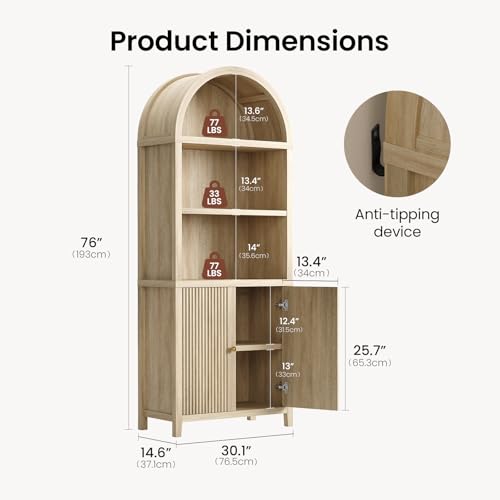 Image of ModernMate 76 inch Tall Arched Bookcase, 5 Tier Fluted Cabinet with Doors & Adjustable Shelves, Large Arch Bookshelf with Storage, Modern Open Display Tall Pantry for Living Room, Office, Natural Oak