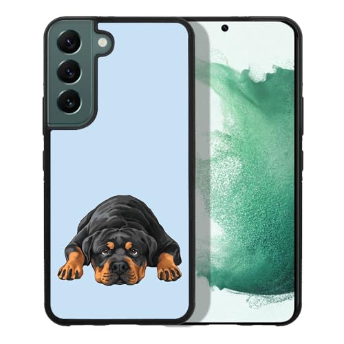 FINCIBO Anti-Scratch Soft Rubber Protective Shockproof Slim Case Cover Compatible with Samsung Galaxy S22 6.1 inch 2022 - Rottweiler Dog Lying Down Looking Up on Light Blue