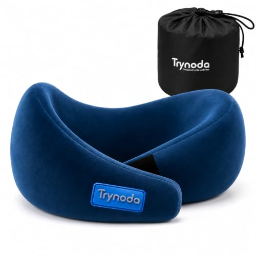 Image of Travel Neck Pillow, 100% Hi-Per Memory Foam Airplane Neck Pillows for Comfortable Sleeping,Travel Pillow for Flights with Adjustable Velcro Strap, Lightweight, Free Carry Bag (Sapphire Blue)
