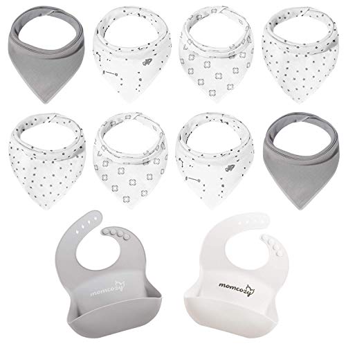 Momcozy Set babyslabbetjes, set van 8 mousseline, halsdoek, superzachte en absorberende driehoekige doek, baby, set van 2 waterdichte siliconen slabbetjes met opvangschaal, uniseks, 10 stuks