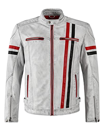 Veste en cuir véritable blanc pour homme look vintage café racer style biker