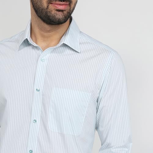 Image of Raymond Men Slim Fit Stripe Pattern Pure Cotton Semi Cutaway Collar Full Sleeve Formal Shirt
