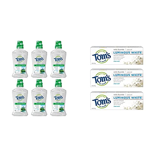 Tom's of Maine Natural Wicked Fresh! Alcohol-Free Mouthwash, Cool Mountain Mint, 6-Pack + Natural Luminous White Toothpaste with Fluoride, Clean Mint, 3-Pack