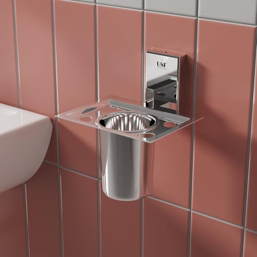 Image of USF 304 Stainless Steel Wall Mounted Tumbler Holder, Bathroom Organizer for Toothbrush, Toothpaste & Daily Essentials, Compact Space Saving Setup, 25 Years Warranty (Chrome Finish) - Orizon