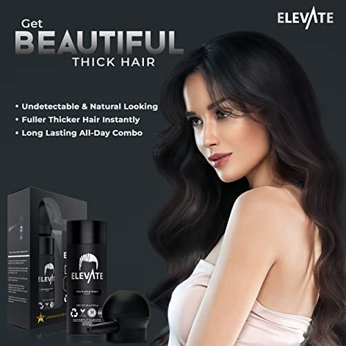 ELEVATE Hair Perfecting 2-in-1 Kit | Set Includes Natural Hair Thickening Fibers & Spray Applicator Pump Nozzle | Instantly Conceal & Thicken Thinning Balding Areas in Seconds Men & Women (Black)
