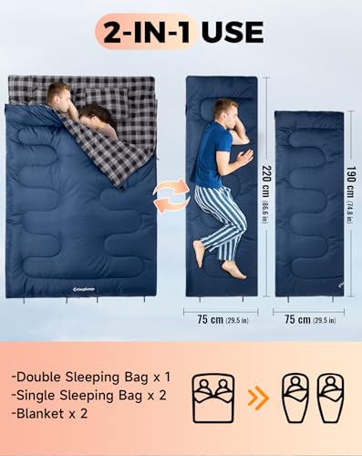 Image of KingCamp Double Sleeping Bag for Adults, Queen Size 2 Person XXL Flannel Sleeping Bag, Waterproof Lightweight Flannel Quilt with 2 Pillows, Perfect for Couples Family Camping Hiking