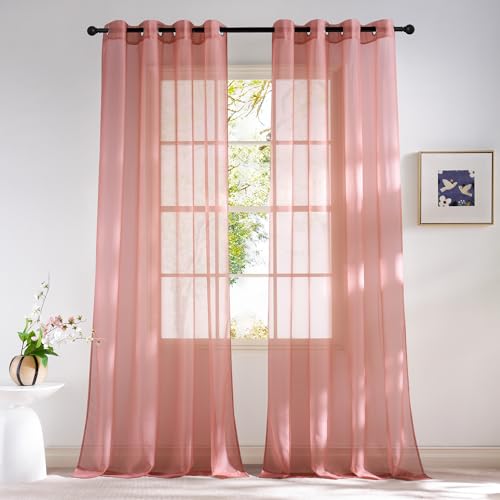 Image of NICETOWN Coral Pink Sheer Window Curtains for Princess Room, Grommet Voile Sheer Window Treatment Light Filtering for Bedroom /Girls Room, W54 x L84, 2 Panels