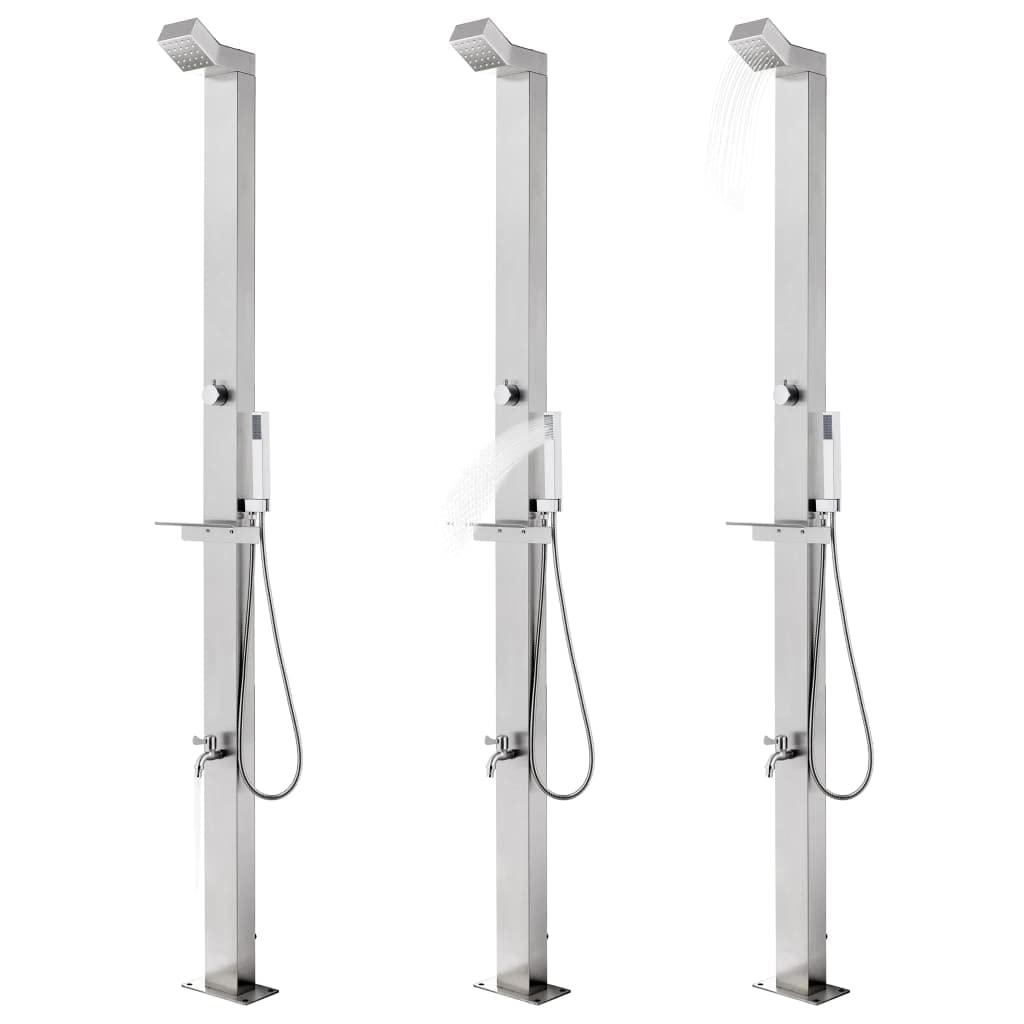 Ducha exterior de acero inoxidable de 225 cm con placa de suelo de WPC gris, ducha de cabeza, ducha de mano y grifo de lavado de pies para jardín y piscina