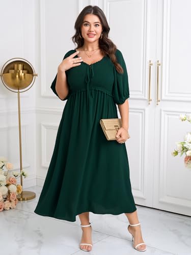Image of CICIDUDU Women's Plus Size Maxi Dress Wedding Guest Half Sleeve V Neck Bowknot Smocked Milkmaid Flowy Dresses for Women