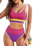 Herseas Womens High Waisted 2 Piece Bikini Swimsuit Bathing Suits for Teen Girls 2025 Tankini Beach Vacation Clothes Rose Colorblock Small 4 6