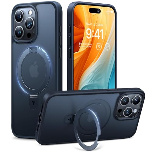 TORRAS Magnetic Ostand for iPhone 15 Pro Max Case, [Military Grade Drop Tested][Compatible with Magnetic Charging][Built in Kickstand] Translucent Slim Back Soft Edge Anti-Fingerprint, Black