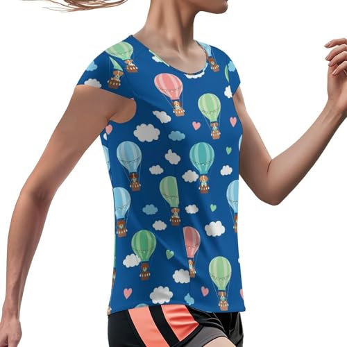 Women's Short Sleeve Athletic T-Shirt, Quick Dry Crew Neck Shirts Slim Tops for Workout Going Out Lounge Shopping Vacation, Dachshund Dogs Hot Air Balloon