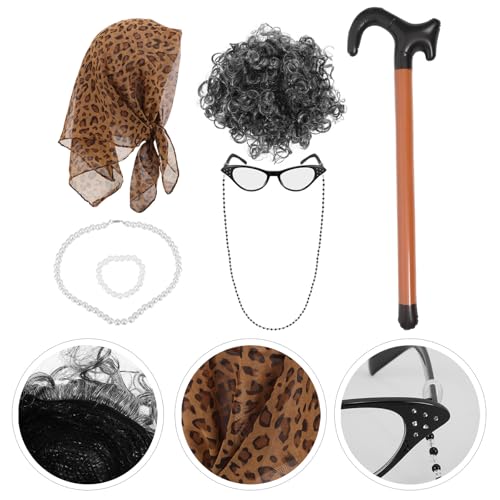 Postiche grise bouclée synthétique et ensemble d'accessoires grand-mère