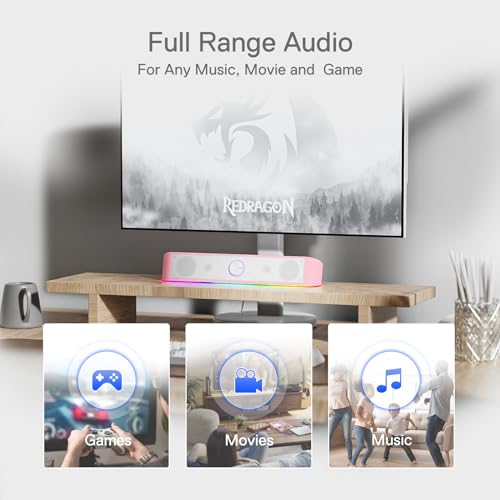 Image of Redragon GS560 RGB Desktop Soundbar, 2.0 Channel Computer Speaker with Dynamic Lighting Bar Audio-Light Sync /Display, Touch-Control Backlit with Volume Knob, USB Powered w / 3.5mm Cable, Pink