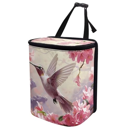 Image of Talayituse Hummingbird Cherry Blossom Print Car Trash Can with Lid, Leak Proof Auto Trash Bag Hanging Vehicle Garbage Can Multipurpose Storage Container for Back Seat Road Trip
