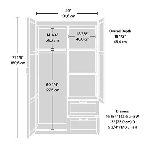 Image of Sauder Select Multipurpose Bedroom Armoire Wardrobe Closet Pantry Storage Cabinet with Storage Drawers and Hanging Rail, in Silver Sycamore