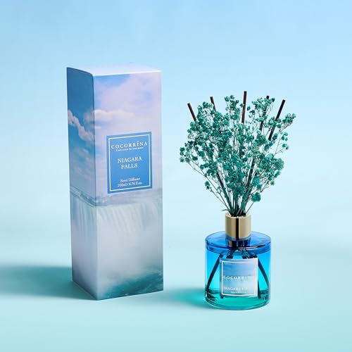 Image of COCORRINA Reed Diffuser - Niagara Falls 6.7 Fl.oz Reed Diffuser Set with 8 Sticks & Preserved Baby's Breath, Reed Diffuser for Home Bathroom Shelf Decor