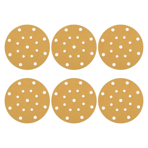 QUARKZMAN 50 Pcs 150 mm 6 Inch Discos De Lija 17 Agujeros 100 Grit De Gancho Y Bucle Para Lijadora Orbital Aleatoria Para Carpintería Automotriz Metal, Dorado