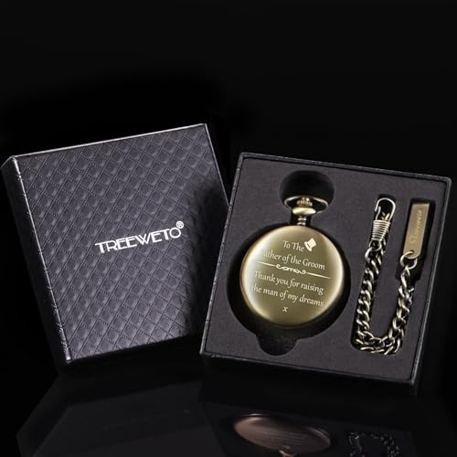 Image of TREEWETO Mens Engraved Pocket Watch Father of The Groom Gifts from Bride - to Dad of Groom Pocket Watches Wedding Gift for Father in Law