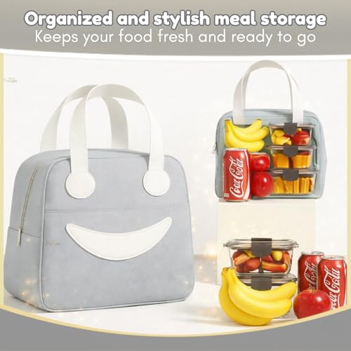 Image of Toy Imagine 6.5L Insulated Lunch Bag for Kids Office School Men Women Smiley Face Tiffin Bag Snack Tote Bag Compact Portable Leak Proof Tiffin Pouch Hot and Cold Lunch Box Bag for Boys and Girls(Grey)