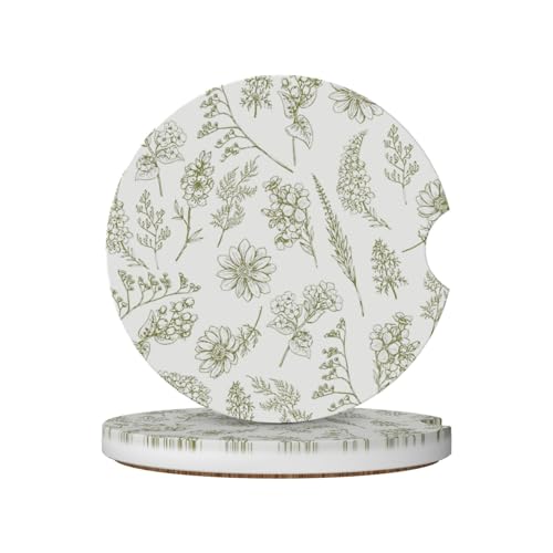Vintage Green Flower Car Cup Coaster 2 Pack Ceramic Absorbent Car Coasters 2.56 Inch Non-Slip Car Cup Holder Interior Car Accessories for Women Girls Cup Mats with Cork Base and Finger Notch