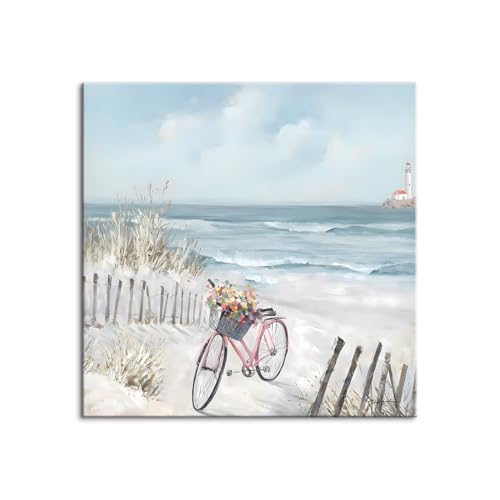 ?ギフト 装飾 海の絵 - 現代絵画 自転車 風景画 木枠付きの完成品 アートパネル リビング 寝室? (70x70cm(28x28in),A)