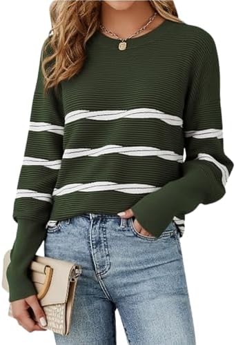 ECOWISH Women's Long Sleeve Crewneck Striped Sweater - Fall 2025 Trendy Casual Knitwear for Office & Daily Wear
