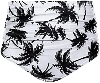 Tempt Me Women Retro High Waist Bikini Bottom White Palm Tree Ruched Swim Brief Short L