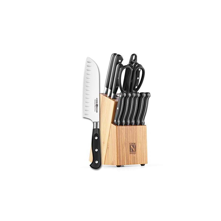 Cook-N-Home-15-Piece-Knife-Set-with-Bamboo-Storage-Block-Stainless-Stee-Silver Cook N Home Kitchen Knife Set with Bamboo Storage Block 15-Piece, High Carbon Stainless Steel Blade, Black