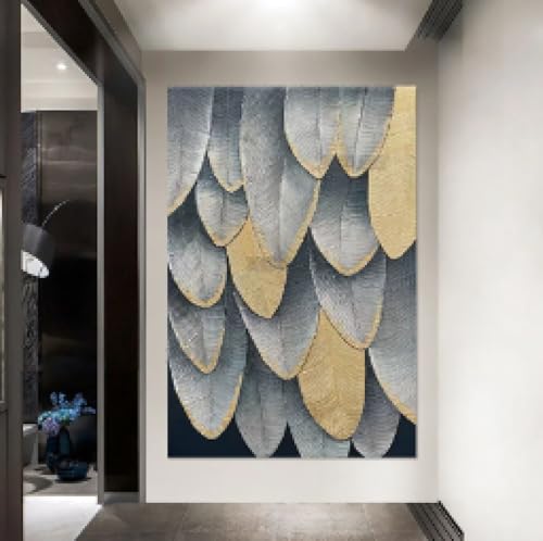 Peinture abstraite plumes en feuille d'or toile murale 50x70cm